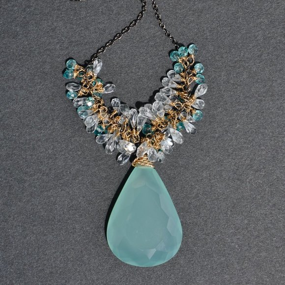 14kGF Blue Chalcedony and Aquamarine Drop Necklace - Picture 4 of 6